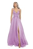 carnivalprom appliques - abito da ballo da donna, lungo, elegante, in tulle, in pizzo, lilla, 42