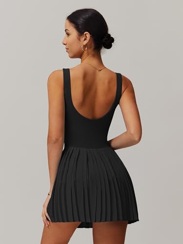 ABOCIW Womens Square Neck Tennis Dress Built in Shorts Pleated Backless Golf Athletic Dress with Pockets2