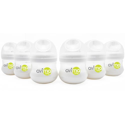 Image of Avima Baby 4 oz Anti Colic Baby Bottles for Breastfed Babies - Slow Flow Nipples, Wide Neck Bottle, BPA Free - Newborn 0-3 Months, Stage 1 (Set of 6)