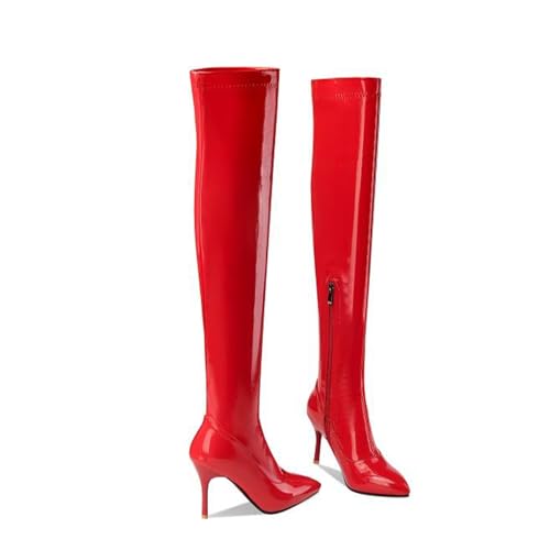 Bottes au-dessus du genou en cuir verni noir à talons aiguilles de 9 cm