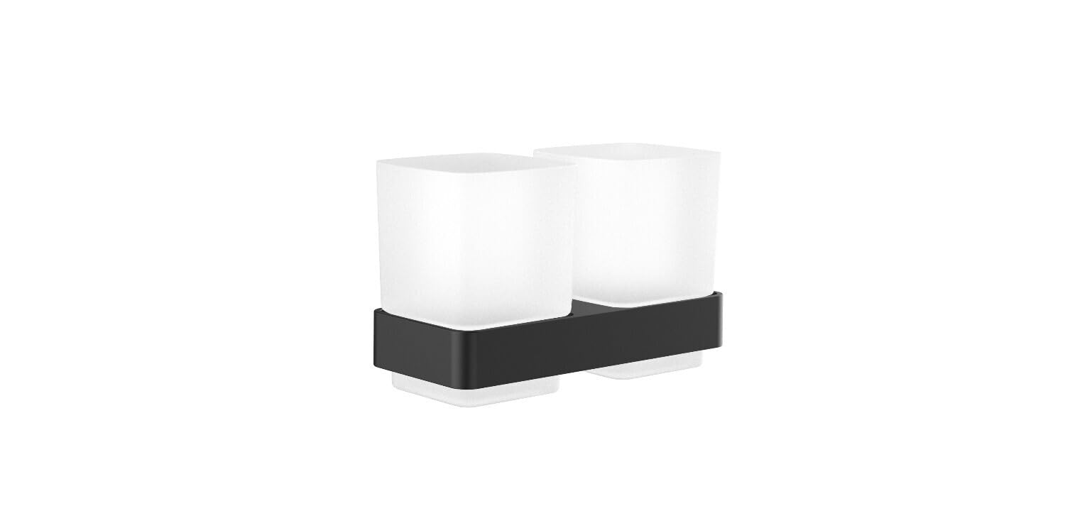 Emco Loft - Soporte de Pared para cepillos de Dientes con 2 Vasos de Cristal y Aluminio, 18 cm, Color Negro Mate y Satinado