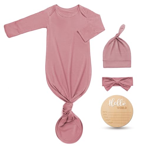 Image of Hello World Newborn Outfit Knotted Gown 0-3 Months, Baby Girl Boy Coming Home Sleeper with Sign