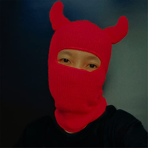 1-Hole Ski Mask With Horn Knitted Balaclava For Halloween Full Face Cover Face Mask Winter Thermal Hat For Skiing Cycling Black #TOP4