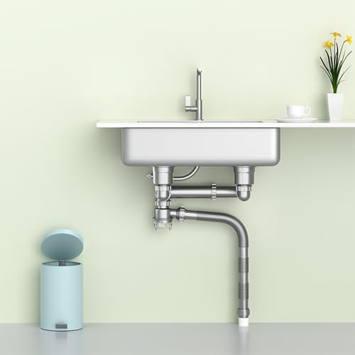 Juego portátil de desagüe para fregadero de cocina con ahorrador de espacio, sifón P transparente contra reflujo y tubos flexibles miniatura 2