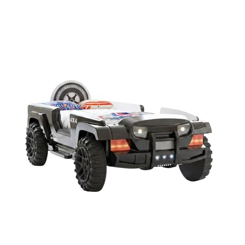 Generico Lit auto Jeep pour enfants avec LED, feux avant, structure ABS et MDF, design hors route 4x4, compatible avec matelas 90x190, noir - aventure et style...