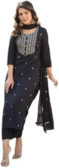 GoSriKi Women’s Cotton Blend Embroidered Kurta Set with Pant & Dupatta – Straight Calf‑Length, 3/4 Sleeve, Round Neck – Elegant Ethnic Attire (5 Colors, S–5XL)