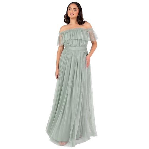 Image of Anaya with Love Women's Maxi Dress Ladies Sleeveless Off Shoulder Bardot Neckline Tulle Sash Tie Belt A-line Bridesmaid Wedding Guest, Frosty Green 18