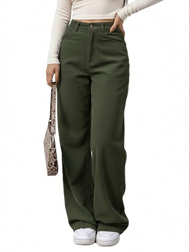 EMMIOL Corduroy Wide Leg Pants Women Casual Winter 2025 Elastic Waist Vintage Loose Trousers with Pockets Army Green