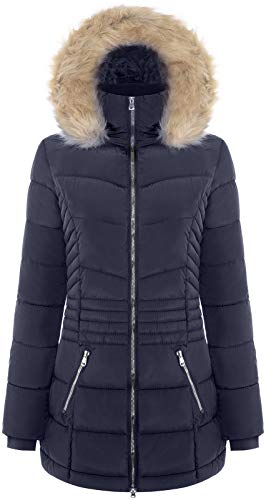 Bodilove Women's Everyday Warm Padded Puffer Mid Length Jacket With Double Zip Closure, Fur Hood And Zipper Pocket Every Day Navy S #TOP8