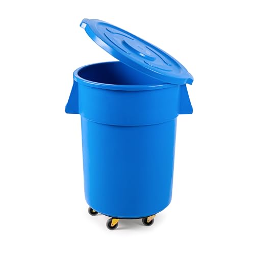 PRO&Family Commercial Round Trash Can with Lid and Dolly Rolling Waste Container, Ingredient Bin, Heavy-Duty Plastic, Anti-Static, Kitchen, Office, Outdoor Use (Blue, 55 Gallon)