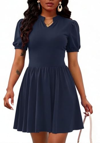 Image of Women's V Neck Summer Dress Puff Short Sleeve Flowy Stretchy Flowy Comfort Fit for Daily Wear Work Midi Casual Dresses
