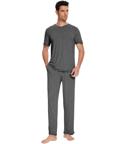 WiWi Mens Viscose from Bamboo Pajama Set Short Sleeve Pajamas Sets with Pants Sleepwear Soft Lightweight Lounge Pj S-XXL