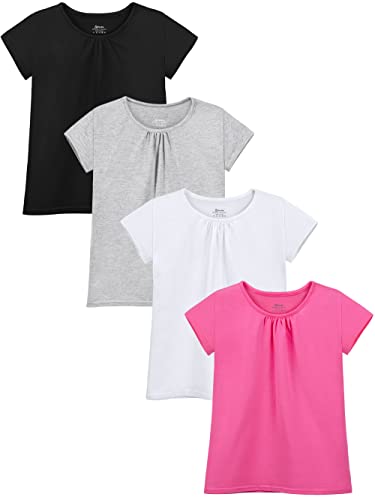 Poroka 4 Pack Girls Cotton Short Sleeve T-Shirts Girl Puff Sleeve Tees Basic T-Shirt Solid Crew Neck Tee
