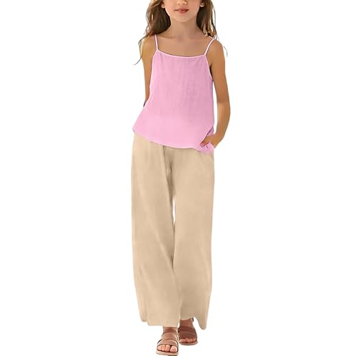 Conjuntos de verano de lino y algodón para niñas, sin mangas, tirantes delgados, camiseta sin mangas y pantalones sueltos de pierna recta, conjuntos de 2 piezas, rosa, 13-14 años