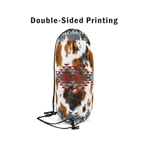 jejeloiu Western Boho Drawstring Backpack Cow Fur Print Sports Drawstring Sackpack Southwestern Drawstring Bags Boho Aztec Waterproof Cinch Bag 13"x15.7"4