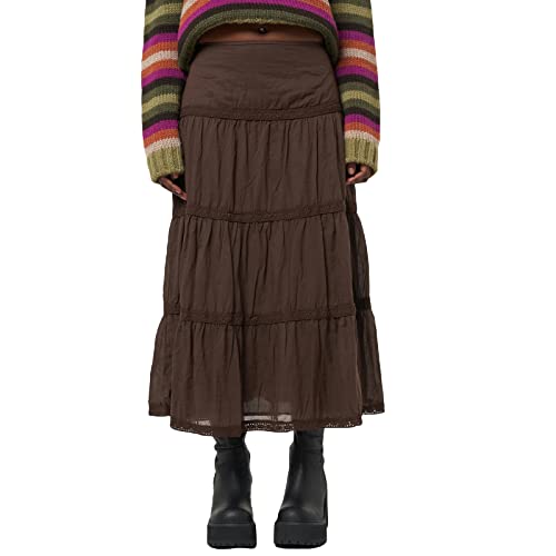 Women's Vintage Elastic High Waist Boho Maxi Skirt Casual Lace Tiered Ruffle A Line Long Skirts