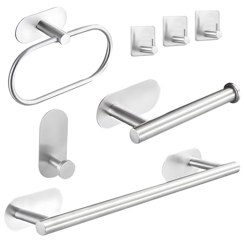GULINO Juego Accesorios Baño 7 Piezas Acero Inoxidable, Kit Accesorios para baño, Toalleros de Baño sin Taladro, Accesorios de baño, Toalleros de baño, Kit de Accesorios baño, Toallero Baño (Plata)