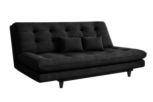 Image of 3-Seater Velvet Sofa Cum Bed | Tufted Convertible Sleeper Sofa | Plush Cushioned Seating | Space-Saving Design for Living Room, Bedroom & Office | Black