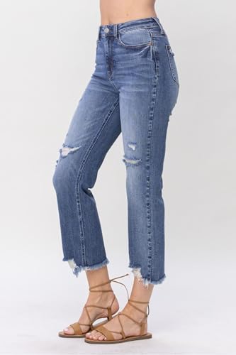 Judy Blue High Waisted Destroyed Cropped Straight Jeans for Women's Distressed Destroyed Straight Leg Denim with Frayed Hem3