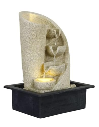 Image of UAG EXPORTS Modern 3-Step Curve Diya Indoor Water Fountain with LED | Cream Sandstone Tabletop Waterfall | Soothing Cascading Showpiece for Home Decor, Office, Mandir & Meditation Space