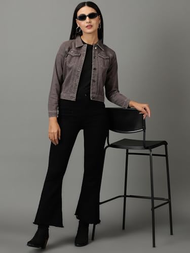 Image of SHOWOFFFF Women Solid Denim Jacket | Spread Collar Full Sleeves Denim Jacket for Womens | Regular Fit Regular Length Jacket for Women's