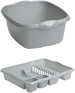 Large Dish Drainer and Rectangular Washing Up Bowl Plastic Home / Office / Kitchen Silver / Grey - Set of 2