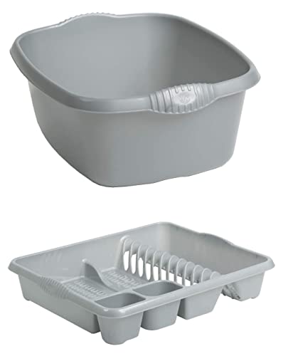 Homey Mart Large Dish Drainer and Rectangular Washing Up Bowl Plastic Home/Office/Kitchen Silver/Grey - Set of 2