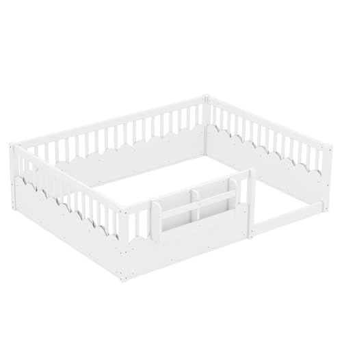 Image of Bellemave Queen Size Kids Montessori Floor Bed,Solid Wood Floor Bed Frame with Bookshelf and High Fence for Kids,Girls,Boys,White