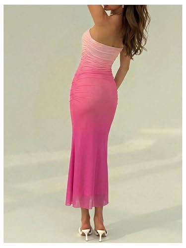 Image of GORGLITTER Women's Sunset Ombre Strapless Cocktail Bridal Shower Midi Dress | Orange Wedding Guest Dress, Mesh Tube Dress, Bridesmaid Dresses, Vacation Beach Sundresses,