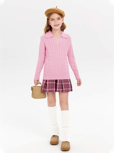 Girls Sweaters Kids Fashion Cable Knit Collared V Neck Pullover Sweater Tops 5-14 Years2