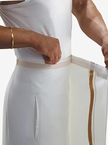 Image of SMT Velcro /Welcro pocket dhoti for mens /Jari border welcro pocket Stitched Dhoti polycotton for Mens 28-40 Size