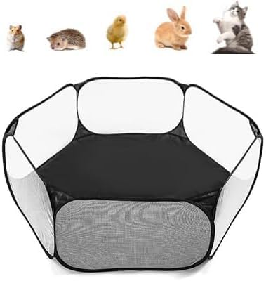 Small Animal Playpen, Foldable Cage Tent, Portable, Breathable and Transparent Training Fence for Guinea Pigs, Hamsters, Chinchillas, Rabbits, Puppies (Black)