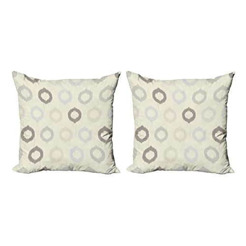 Lunarable Ikat Throw Pillow Cover Set of 2, Ikat Style Ornamental Lines and Pattern Oriental Indonesian Art Technique, Decorative Square Covers for Couch Bed & Sofa, 18"x18", Brown Cream Grey