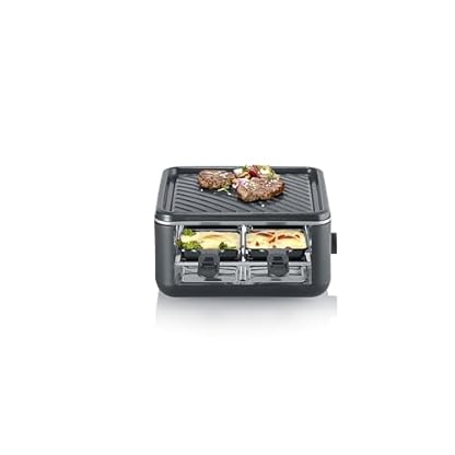 SEVERIN Mini Raclette-Grill für 4 Personen, kleines Raclette mit antihaftbeschichteter Grillplatte, Extra Tiefe Pfännchen, Kompakter Tischgrill, 600W Leistung, Black Line, RG 2360