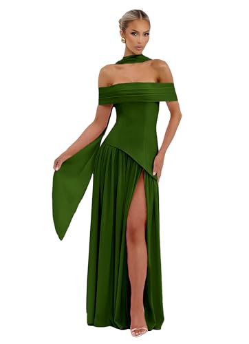 Off Shoulder Bridesmaid Dresses with Scarf Chiffon Long Formal Evening Dress with Slit