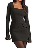 Simplee Womens Long Sleeve Mini Dresses Square Neck Casual Bodycon Party Club Formal Blazer Holiday Fall Short Dress(Black,Large)