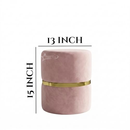 Image of Round Single Strip Upholstered Stool Living Room Foot Rest Linen Fabric Padded Seat Pouf Ottoman Office Stool Pink