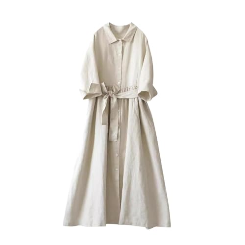 Sommerkleid Damen Leinenkleider Vintage Einfarbig Langarm Baumwoll Sexy Elegant Strandkleid Lose Revers Maxikleid A-Linie Kleider Große Größen...