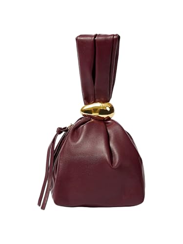 OYOANGLE Womens Mini Leather Bucket Bags Top Handle Purse Metallic Buckle Handbags Hobo Bag Burgundy One Size