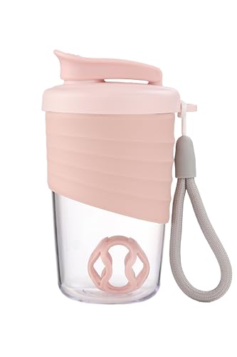 kuoleopa Protein Shaker Bottle Pink 14 oz Leak-Proof with Non-Slip Silicone Grip Mixing Ball Detachable Nylon Strap