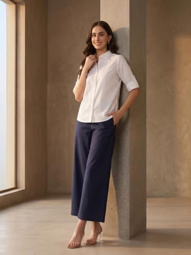 Image of SAADAA Women's Relaxed Fit Mid Rise Airy Linen Wide Leg Pants, High Waist Trousers for Formal, Casual & Office Wear