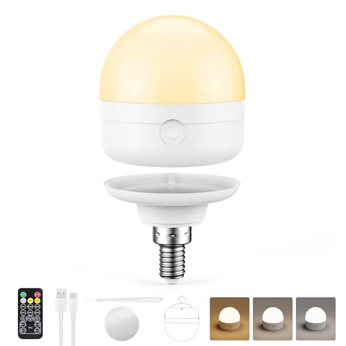 E12 Rechargeable Light Bulbs with Remote 10W 900lm 3-in-1 Battery Operated Emergency Lighting 3500mAh 60W Equivalent Bulbs with Magnetic Base & Hook for Home Camping Hurricane&Power Outage 1 Pack
