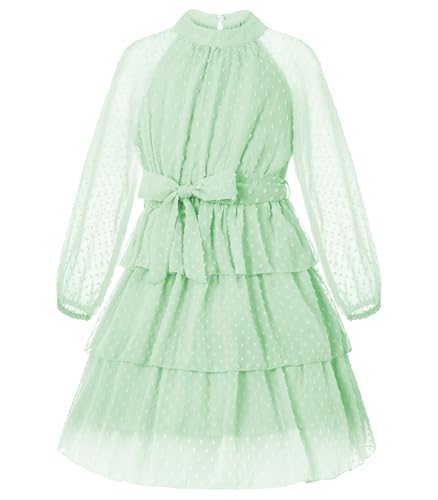 Move Dance Girls Dresses Light Green Flared Midi A-Line Dress Swiss Dot Raglan Long Sleeve Casual Layered Chiffon Cake Dress with Belt 10-11 Years Old