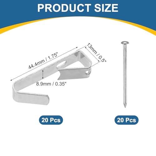 Image of uxcell 40Pcs Picture Hangers, 100lb 44.4mm Picture Hanging Kit Picture Hanging Hooks Picture Hooks for Wooden Wall or Drywall Frame Painting Art Photo(20 Hangers + 20 Nails), Silver