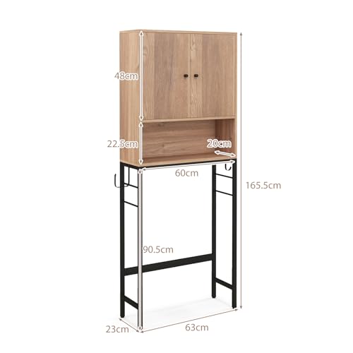 LIFEZEAL Mueble sobre el Inodoro, Estante Independiente para baño con 2 Puertas, Armario de Suelo con estantes Ajustables y 2 Ganchos Laterales, Organizador Encima WC para lavandería (Natural) - imagen 3