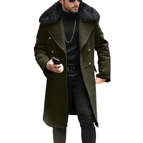 Image of QYFUZSM Pea Coat Men Faux Wool Long Overcoat Double Breasted Tailored Fit Coat Faux Fur Collar Business Casual Outerwear Army Green Large