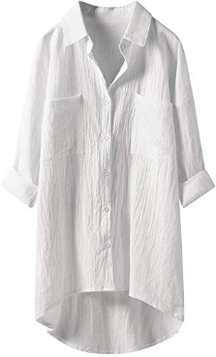 Ladyful Damen Bluse Oversize Langarm Shirt Baumwolle Leinen Hemdbluse Elegant Übergröße Longbluse Oberteil Lose Leinenbluse Lang Hemd Tops (Weiß, 2XL) Cover
