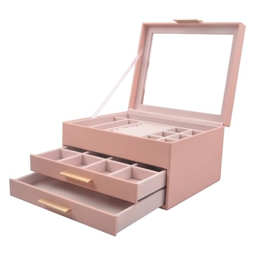 Jewelry Organiser Having Transparency Top Compartment Flannel Lining PU Leather Exterior for Necklace Window Jewelry Box Layered