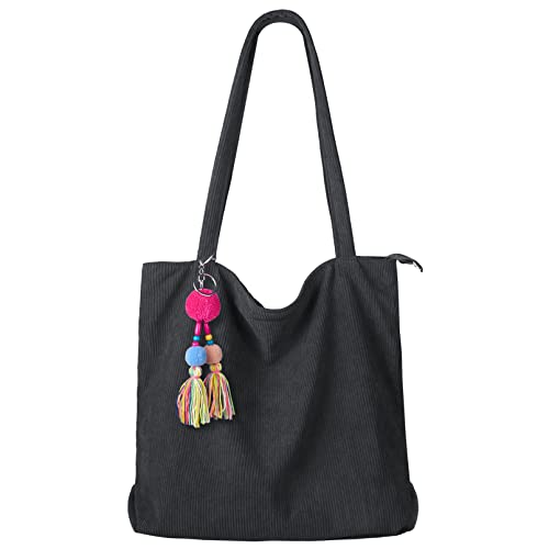 FITDON Corduroy Totes Bag with Zip, Shoulder Bags Handbags Women's Hobos Large Capacity Shopping Bag with Inner Pocket, Black