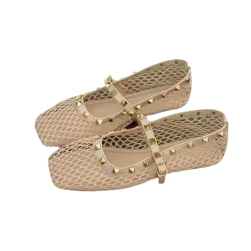 Fishnet Mary Jane Ballet Flats for Women Square Toe Studs Hollow Out Breathable Mesh Soft Sole Shoes Elegant Office Date